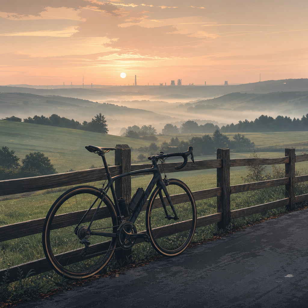 Illustration: Rennrad an einem Zaun über dem Ruhrtal, ohne Personen
